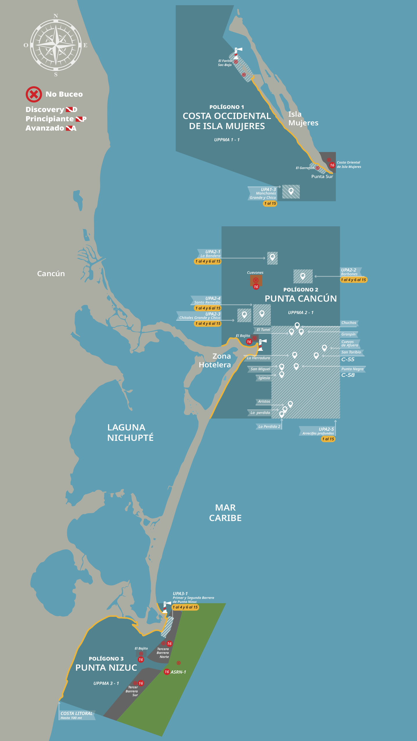 Mapa de polígonos de buceo Cancún e Isla Mujeres